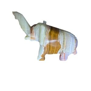 Hand Carved Stone Elephant Figurine Onyx Alabaster Trunk Up Lucky Statue 4in